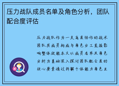 压力战队成员名单及角色分析，团队配合度评估